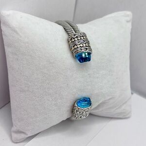 Vintage Silver Cuff Bracelet Blue Gemstone Cable Bangle Statement